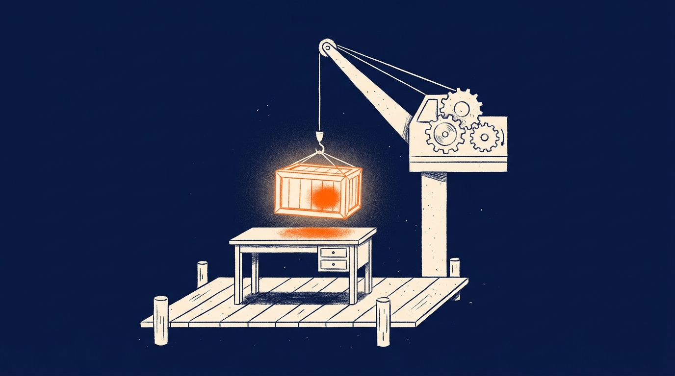 Illustration: a harbour crane lowers an orange crate onto a desk on the dockside