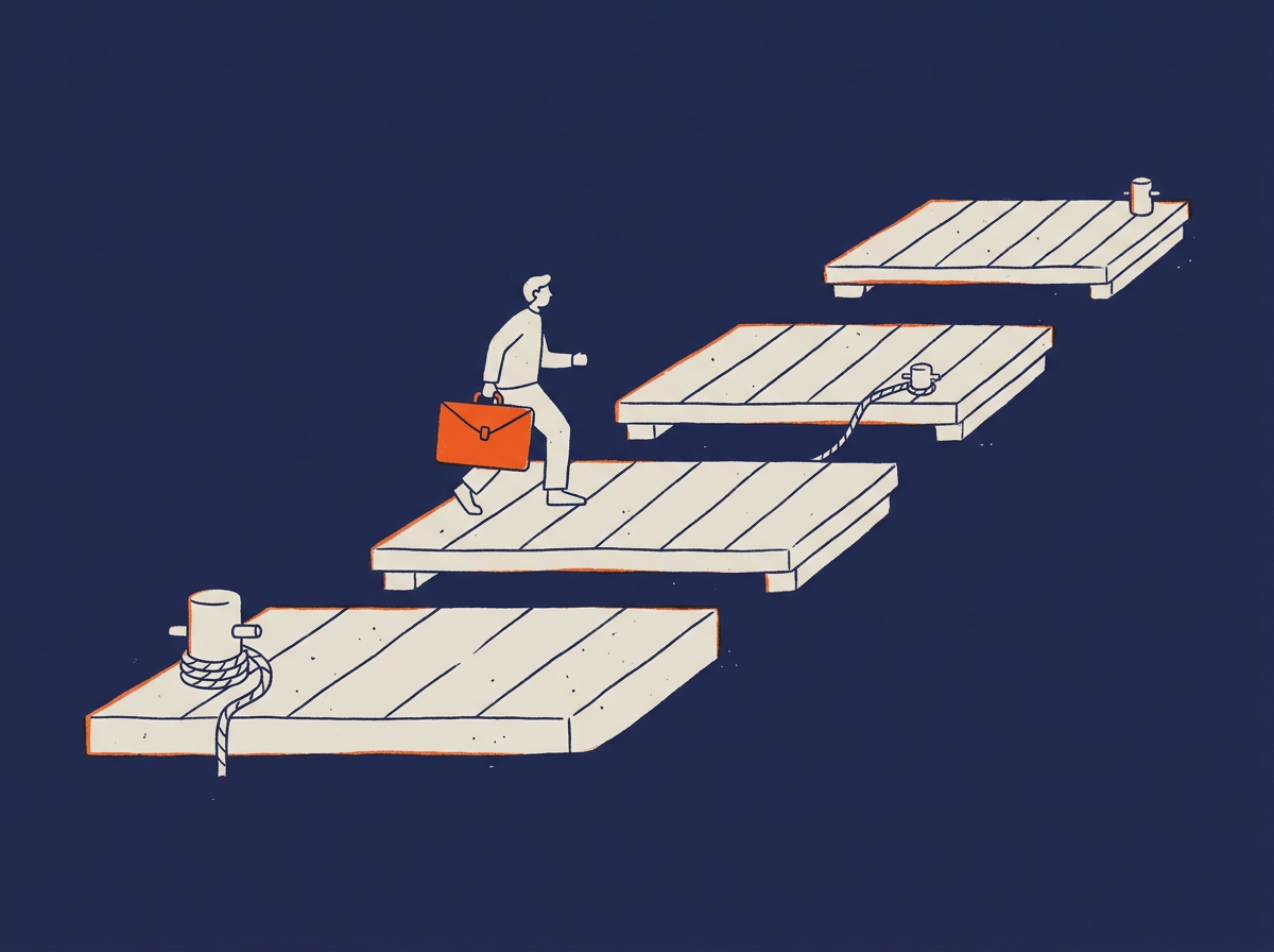 Illustration: a figure carrying an orange briefcase climbs four rising dock platforms, one for each level of the framework
