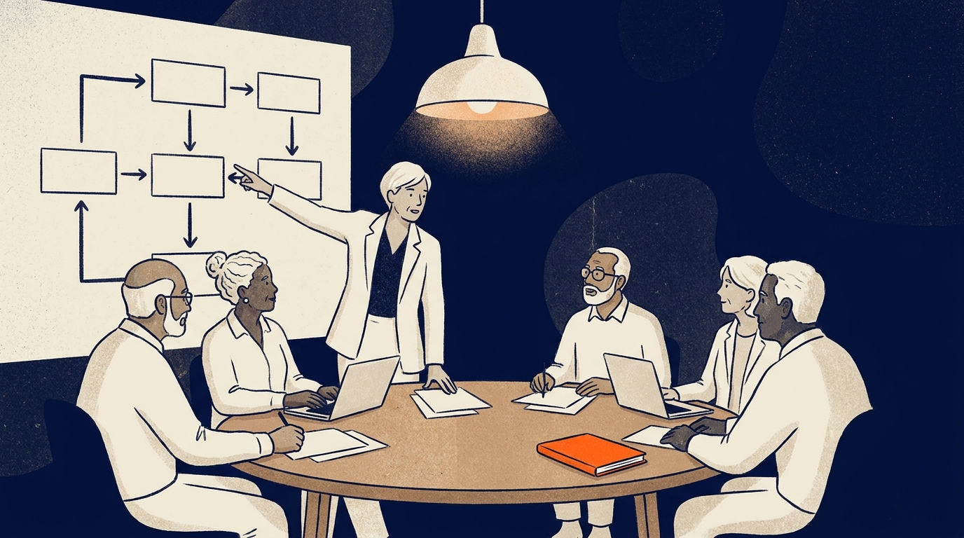 Illustration: a facilitator at a whiteboard leads a small cohort seated around a table with laptops and papers, an orange pendant lamp lighting the room