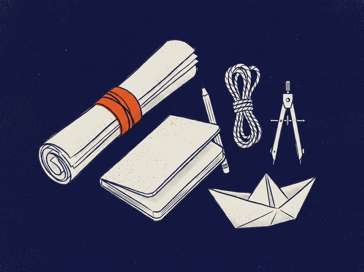 Illustration: an overhead flat-lay of the sprint kit - rolled plans banded in orange, a notebook and pencil, coiled rope, a pair of dividers, and a paper boat