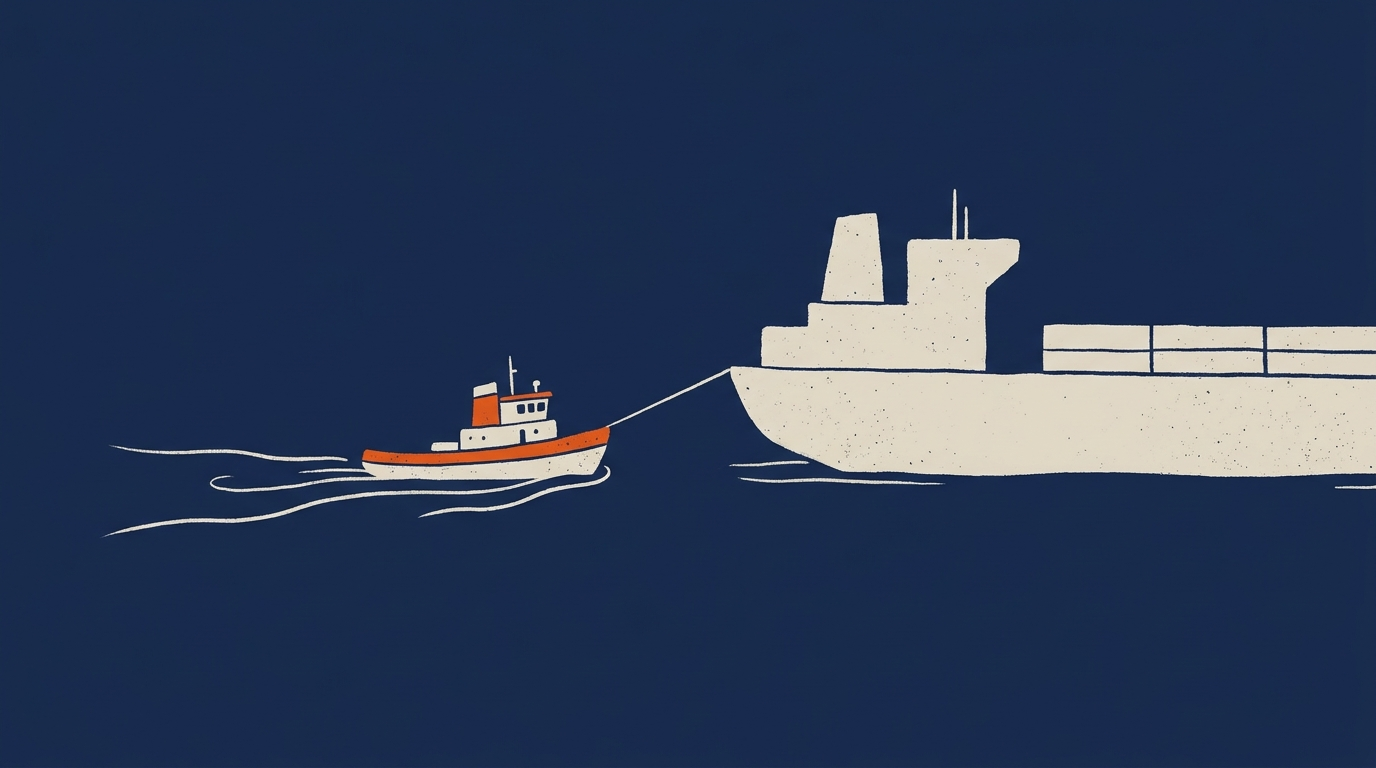 Illustration: a small tugboat guides a much larger cargo ship, an orange line running taut between them
