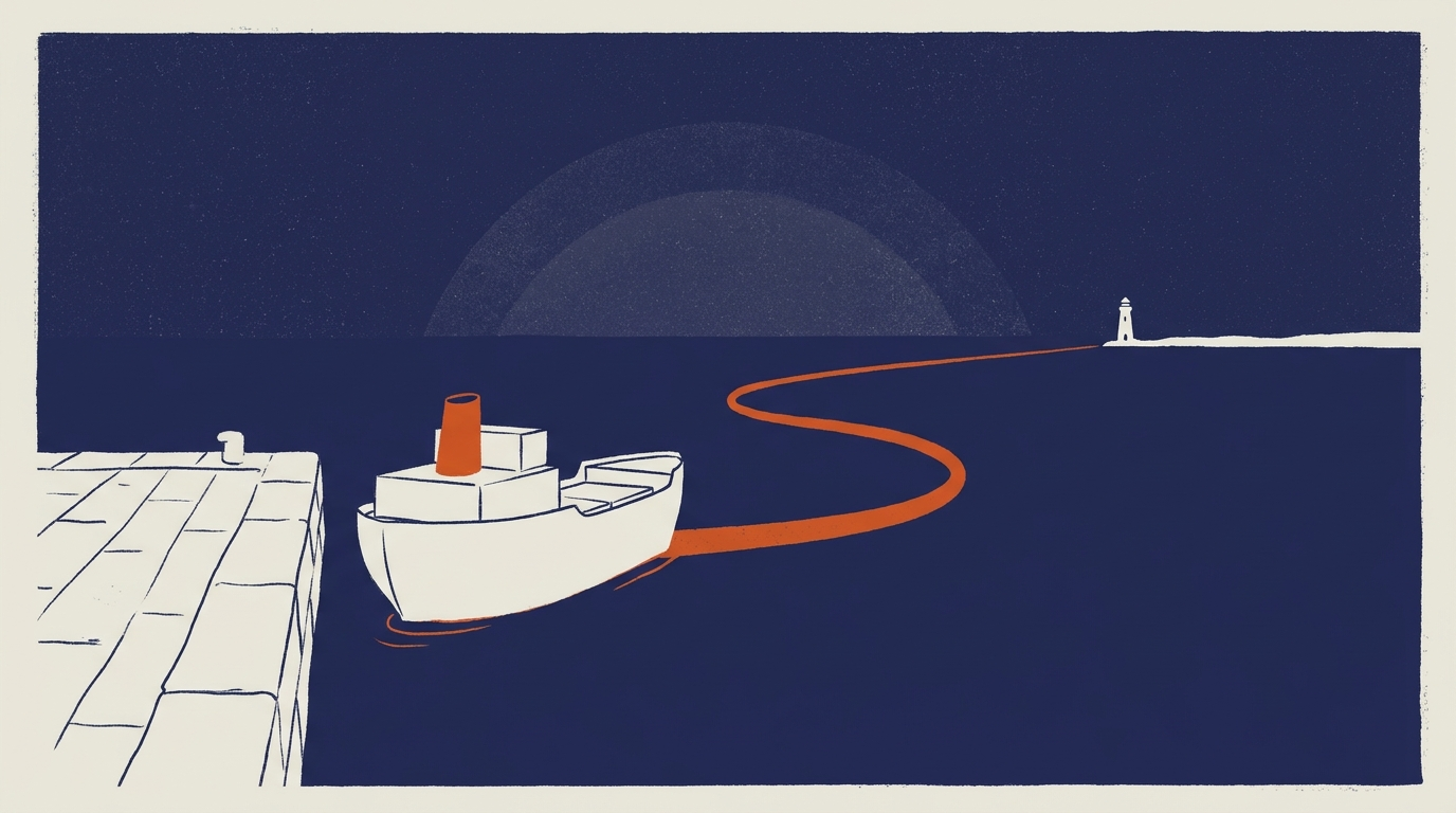 Illustration: a ship leaves the dock, trailing an orange line out past the lighthouse