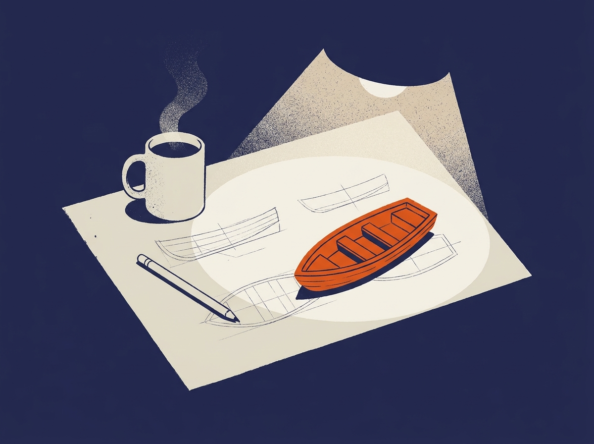 Illustration: a workshop desk seen from above - boat sketches on paper, a pencil, a mug of coffee, and one finished orange model boat